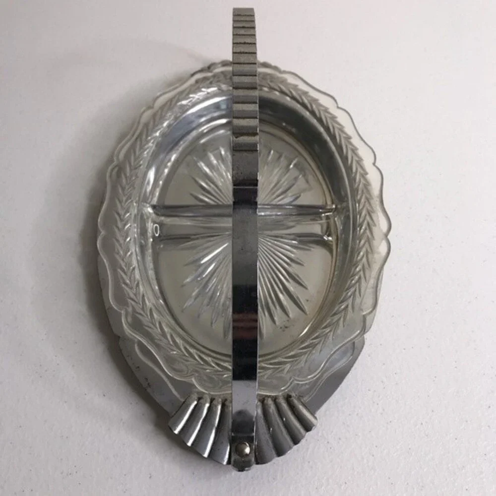 Vintage Divided Glass Metal Handle Serving Condiment Entertainment Holiday Tray
